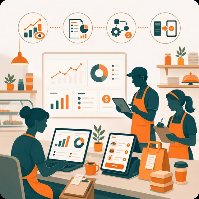 A food business team working with sales dashboards and connected operations